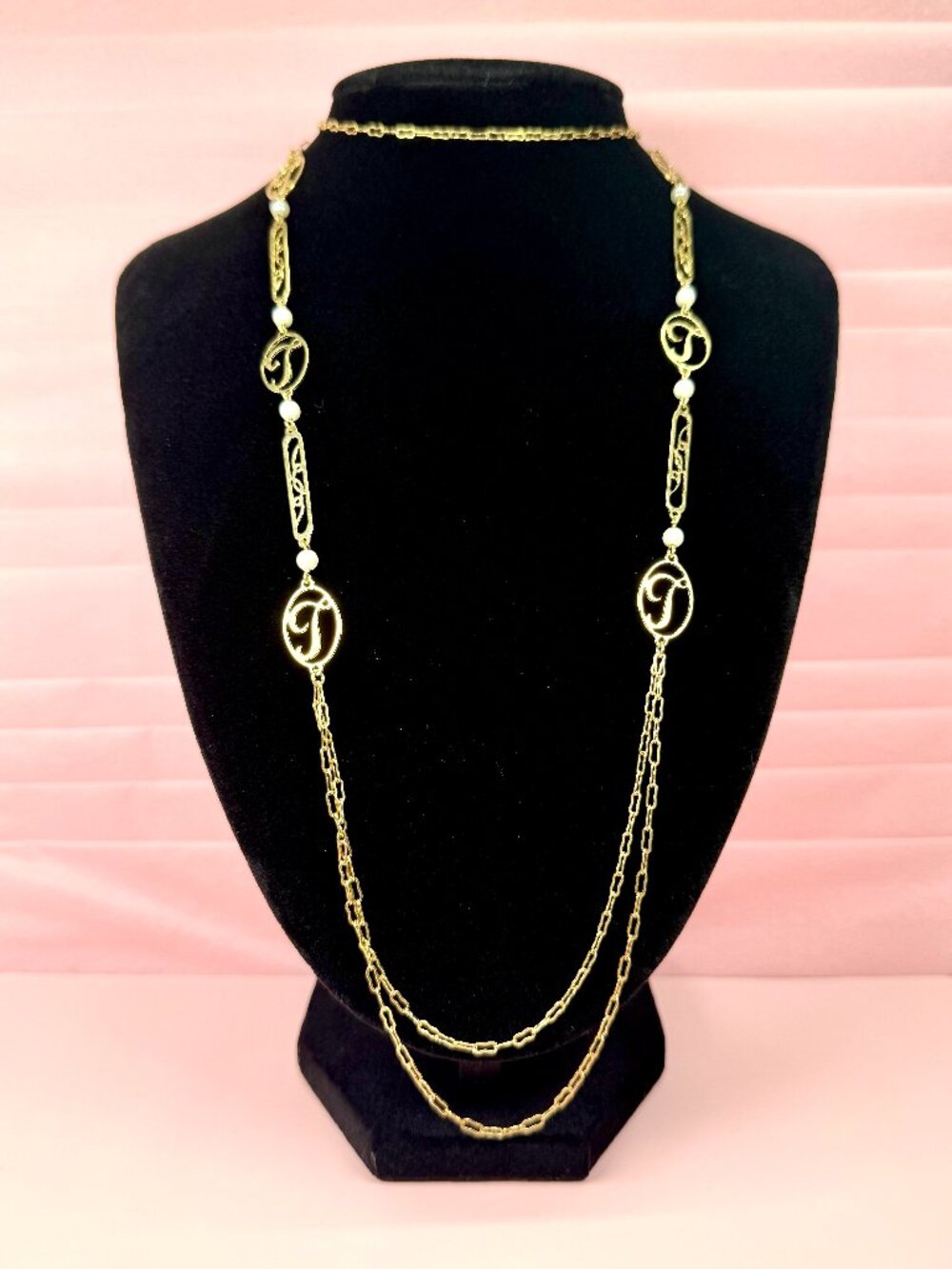 Vintage Avon Gold Tone Letter T Dainty Long Layering 32" Necklace w Faux Pearls
